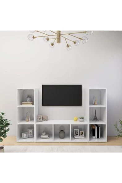 Tdesigno Nehir Kitaplıklı Televizyon Sehpası Ünitesi Kitaplık Beyaz 150 cm 9 Raflı ürün görseli 1