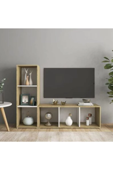 Tdesigno Tdesıgno Onur Kitaplıklı Televizyon Sehpası - Ünitesi -kitaplık-meşe Beyaz 120 Cm 6 Raflı ürün görseli 1
