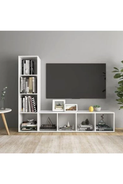Tdesigno Tdesıgno Yağmur Kitaplıklı Televizyon Sehpası - Ünitesi -kitaplık-beyaz 150 cm 8 Raflı ürün görseli 1