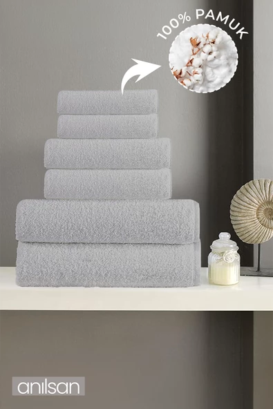 6'lı Düz Gri Havlu Set - 2 Adet El Havlusu 50x90, 2 Adet Banyo Havlusu 70x140, 2 Adet Ayak Havlusu 50x70 ürün görseli 1