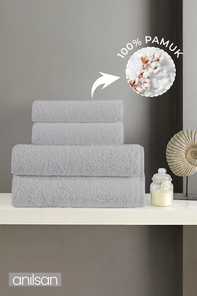 4'lü Düz Gri Havlu Seti %100 Pamuk  - 2 Adet El Havlusu 50x90 ve 2 Adet Banyo Havlusu 70x140 ürün görseli 1