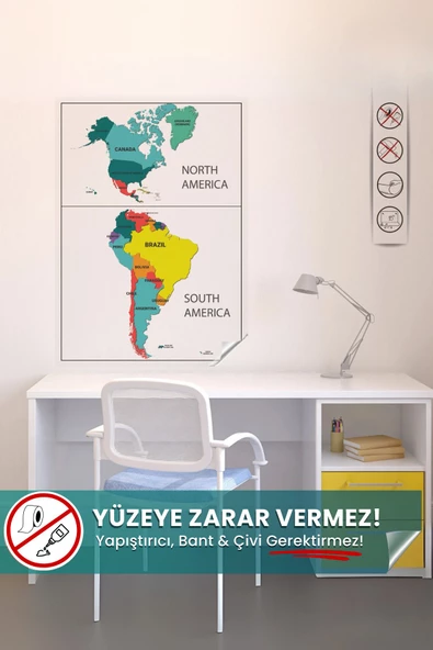 Amerika Kıtası Haritası, Yaz Sil, Harita, Yapışkansız Kendiliğinden Tutunan, Statik Akıllı Kağıt ürün görseli 1