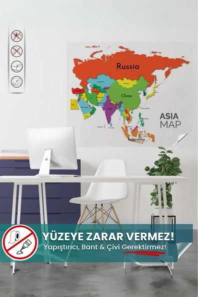 Asya Kıtası Haritası, İz Bırakmaz, Sihirli Kağıt, Harita, Yapışkansız Tutunan,Statik Akıllı Kağıt ürün görseli 1