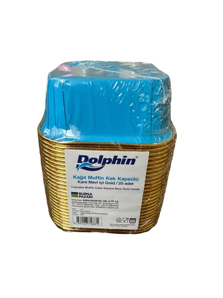 Dolphin Muffin Kare Kağıt Mavi Altın Cupcake Kek Kalıbı Kapsülü Kabı - 25 Adetlik 1 Paket ürün görseli 1