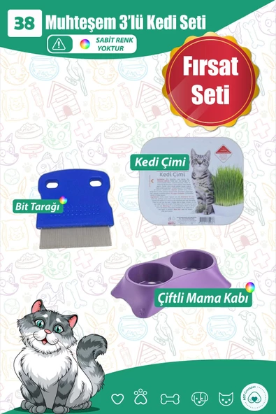 AST GROSS PET Muhteşem 3lü Kedi Seti 38 Kedi Bit Tarağı Kedi Çimi Kedi Köpek Mama Ve Su Kabı ürün görseli 1