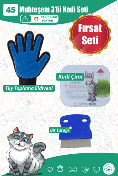 AST GROSS PET Muhteşem 3lü Kedi Seti 45 Kedi Bit Tarağı Kedi Çimi Kedi Eldiveni ürün görseli 1