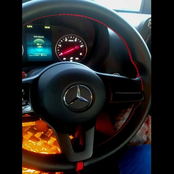 DİKİŞLİ DİREKSİYON KILIFI SİYAH DERİ KIRMIZI YÜZÜK/DİKİŞLİ  SON KASA MERCEDES SPRİNTER ürün görseli 1