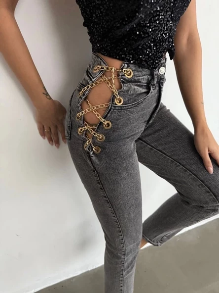 Kadın Yandan Zincir Ve Kuş Gözü Detaylı Jean Kot Pantolon ürün görseli 1