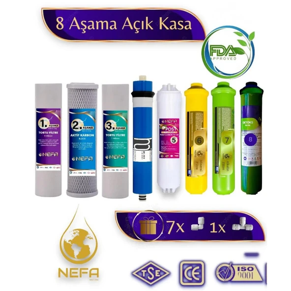 Nefa Tüm Açık Kasalar İçin Uyumlu 8 Aşamalı Filtre Seti, Detox, Mineral,Alkalin Destekli, 80 Gpd Membran ürün görseli 1