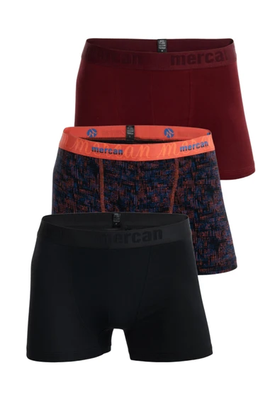Mercan Erkek Çok Renkli 3'lü Likralı Pamuklu Boxer (BORDO SİYAH KARMAŞIK) ürün görseli 1