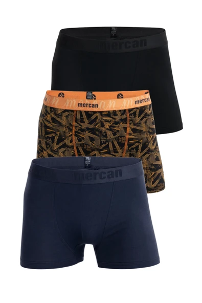 Mercan Erkek Çok Renkli 3'lü Likralı Pamuklu Boxer (SİYAH LACİVERT GEOMETRİK) ürün görseli 1