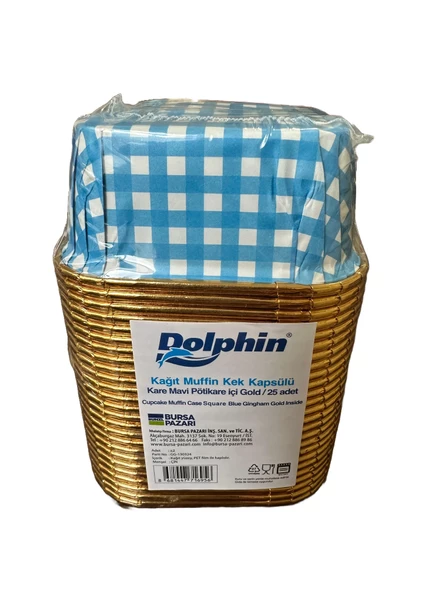 Dolphin Muffin Kare Kağıt Mavi Puantiyeli Altın Cupcake Kek Kalıbı Kapsülü Kabı - 25 Adetlik 1 Paket ürün görseli 1