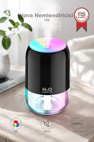 Hava Nemlendirici Buhar Makinesi Ve Aroma Difüzörü 200ml Ultrasonik Renkli H6 Siyah ürün görseli 1