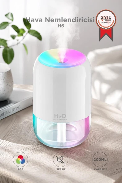 Hava Nemlendirici Buhar Makinesi Ve Aroma Difüzörü 200ml Ultrasonik Renkli H6 Beyaz ürün görseli 1