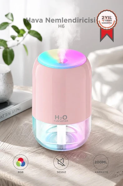 Hava Nemlendirici Buhar Makinesi Ve Aroma Difüzörü 200ml Ultrasonik Renkli H6 Pembe ürün görseli 1