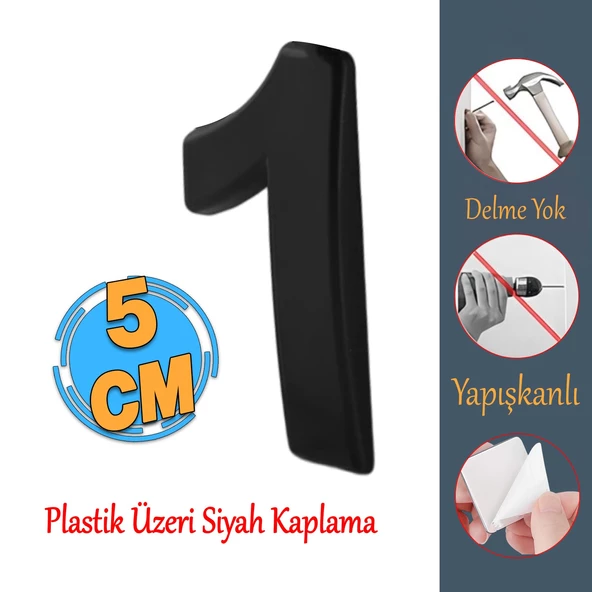 Yapışkanlı Kapı Numarası Küçük Boy 50 mm 5 cm Numara 1 Rakam Bir Sayısı Siyah Renk Numaralar 1 Adet ürün görseli 1