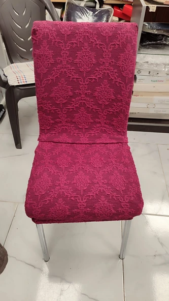 MANDAŞ 6LI SET Jakarlı Lastikli Eteksiz Sandalye Kılıfı-Şal Desen Mürdüm ürün görseli 1