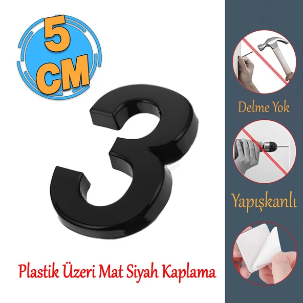 Yapışkanlı Kapı Numarası Küçük Boy 50 mm 5 cm Numara 3 Rakam Üç Sayısı Siyah Renk Numaralar 1 Adet ürün görseli 1