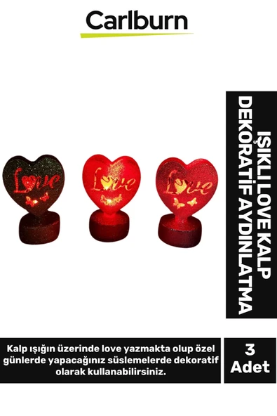 Özel Üretim Hediye Gece Masa Yatak Odası Aydınlatma Sevgi Aşk Temalı Işıklı Love Kalp 3'lü Set ürün görseli 1