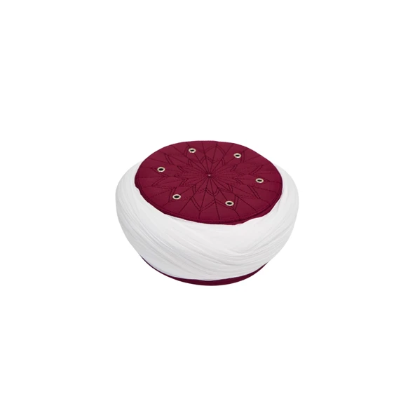 SARIKHANE Talebe Sarığı-Beyaz Kumaş-Bordo Takke-Çapraz Sarım-Kuş Gözlü-7 metre ürün görseli 1