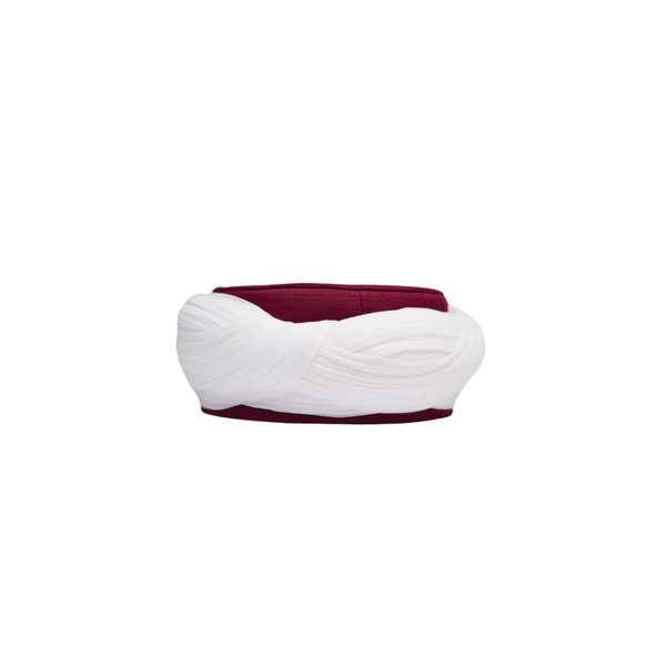 SARIKHANE Talebe Sarığı-Beyaz Kumaş-Bordo Takke-Çapraz Sarım-Kuş Gözlü-7 metre - Resim 4