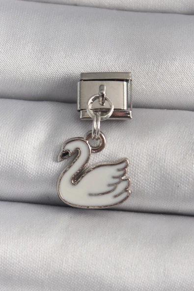 316L Çelik Gümüş Renk Sallantı Beyaz Kuğu Model Nomination Charm TJ-BC1160 ürün görseli 1