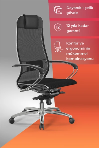 Metta Samurai Ergonomik Koltuk | Bel Destekli, Tekerlekli, Krom Ayaklı, Siyah, Fileli Yönetici Koltuğu -5.2.1.49 ürün görseli 1