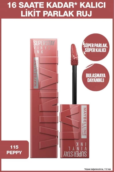 MAYBELLİNE SUPER STAY VİNYL INK UZUN SÜRE KALICI PEMBE TONLU LİKİT PARLAK RUJ 115 PEPPY ürün görseli 1