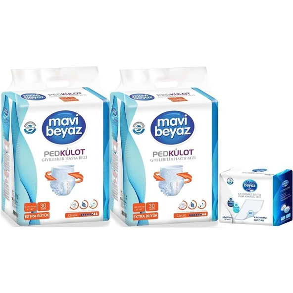 Mavi Beyaz Ped Emici Külot Yetişkin Bezi XL-Ekstra Büyük 60 Adet + Yatak Koruyucu Örtü 60*90CM 30 Adet ürün görseli 1