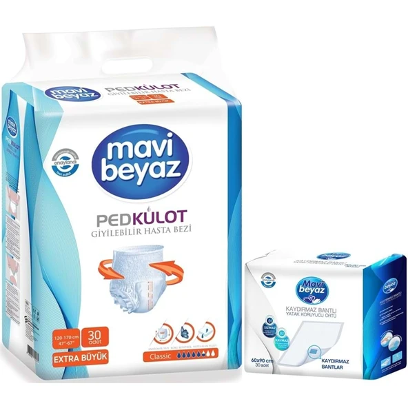 Mavi Beyaz Ped Emici Külot Yetişkin Bezi XL-Ekstra Büyük 30 Adet + Yatak Koruyucu Örtü 60*90CM 30 Adet ürün görseli 1