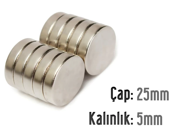 Neodyum Mıknatıs Silindir Çap 25mm , Kalınlık 5mm   ( 2 Adet) ürün görseli 1
