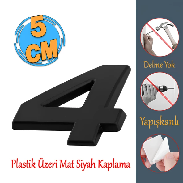 Yapışkanlı Kapı Numarası Küçük Boy 50 mm 5 cm Numara 4 Rakam Dört Sayı Siyah Renk Numaralar 1 Adet ürün görseli 1