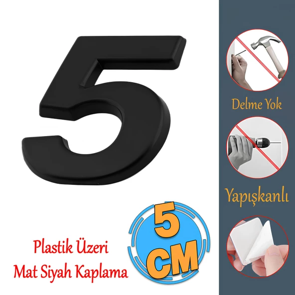 Yapışkanlı Kapı Numarası Küçük Boy 50 mm 5 cm Numara 5 Rakam Beş Sayısı Siyah Renk Numaralar 1 Adet ürün görseli 1