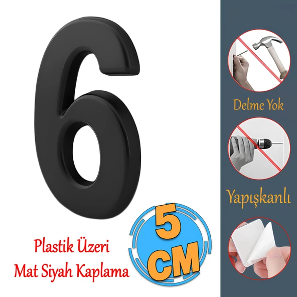 Yapışkanlı Kapı Numarası Küçük Boy 50 mm 5 cm Numara 6 Rakam Altı Sayı Siyah Renk Numaralar 1 Adet ürün görseli 1