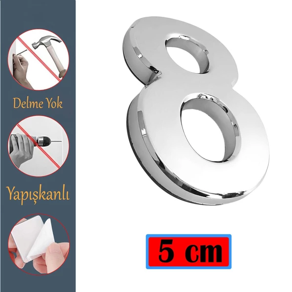 Kapı Numarası Yapışkanlı Küçük Boy 50 mm 5 cm Numara 8 Rakam Sekiz Sayı Krom Renk Numaralar ürün görseli 1