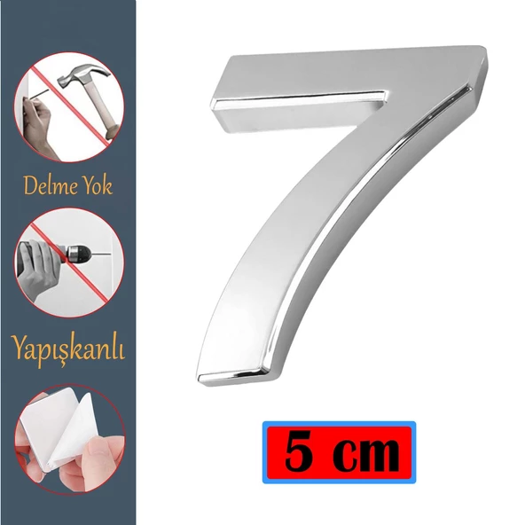 Kapı Numarası Yapışkanlı Küçük Boy 50 mm 5 cm Numara 7 Rakam Yedi Sayısı Krom Renk Numaralar 1 Adet ürün görseli 1