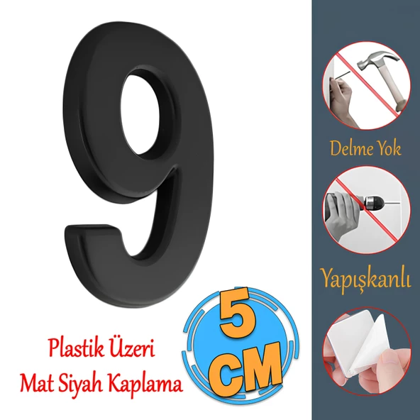 Yapışkanlı Kapı Numarası Küçük Boy 50 mm 5 cm Numara 9 Rakam Dokuz Sayı Siyah Renk Numaralar 1 Adet ürün görseli 1