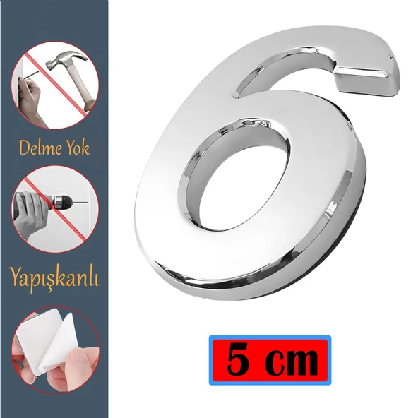 Kapı Numarası Yapışkanlı Küçük Boy 50 mm 5 cm Numara 6 Rakam Altı Sayısı Krom Renk Numaralar 1 Adet ürün görseli 1