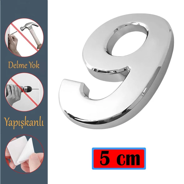 Kapı Numarası Yapışkanlı Küçük Boy 50 mm 5 cm Numara 9 Rakam Dokuz Sayı Krom Renk Numaralar 1 Adet ürün görseli 1