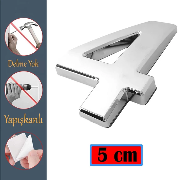 Kapı Numarası Yapışkanlı Küçük Boy 50 mm 5 cm Numara 4 Rakam Dört Sayısı Krom Renk Numaralar 1 Adet ürün görseli 1