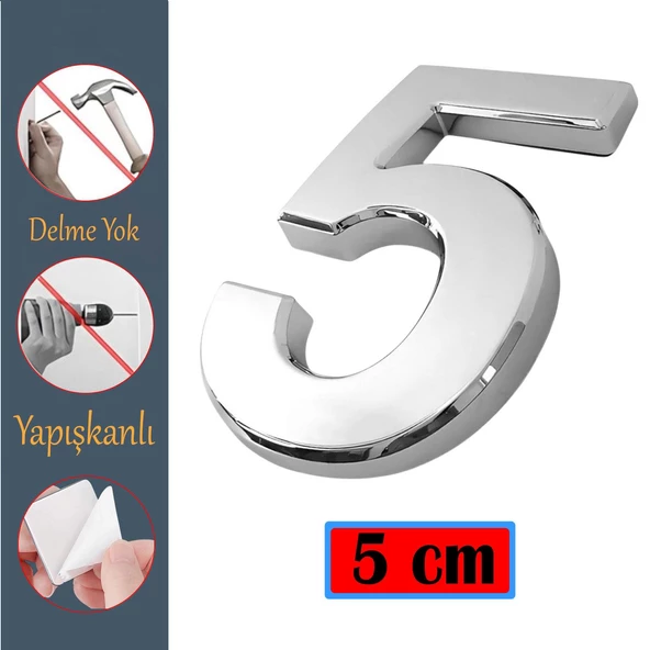 Kapı Numarası Yapışkanlı Küçük Boy 50 mm 5 cm Numara 5 Rakam Beş Sayısı Krom Renk Numaralar 1 Adet ürün görseli 1