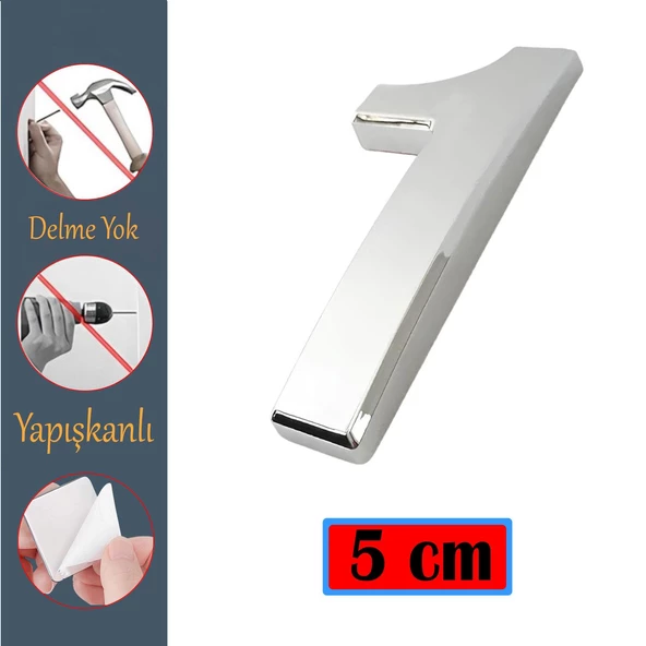 Kapı Numarası Yapışkanlı Küçük Boy 50 mm  5 cm Numara 1 Rakam Bir Sayısı Krom Renk Numaralar 1 Adet ürün görseli 1