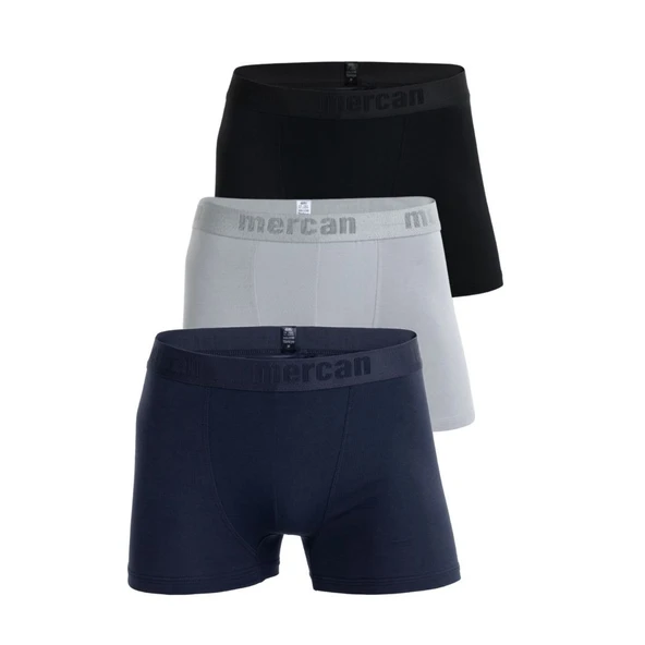 Mercan Pamuklu Likralı Çok Renkli Esnek 3'lü Erkek Boxer (GRİ SİYAH LACİVERT) ürün görseli 1