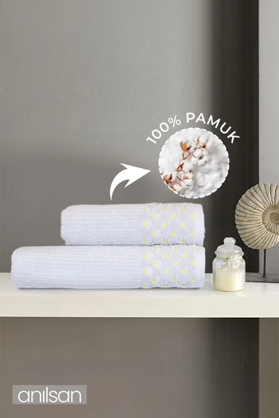 2'li Gri, Sarı Noktalı Havlu Set %100 Pamuk  - 1 Adet El Havlusu 50x90 - 1 Adet Banyo Havlusu 70x120 ürün görseli 1