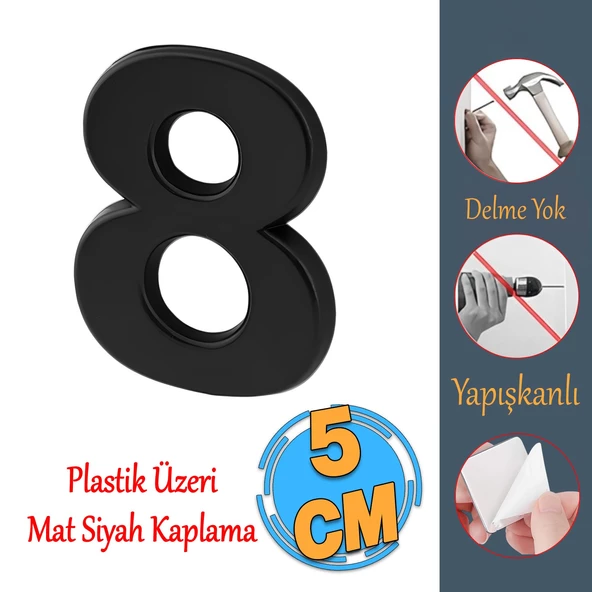 Yapışkanlı Kapı Numarası Küçük Boy 50 mm 5 cm Numara 8 Rakam Sekiz Sayı Siyah Renk Numaralar 1 Adet ürün görseli 1