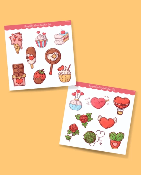 Sevgililer günü sticker set- 14 şubat sticker - hediye süsleme çıkartmaları- 2 li Set - Mat Etiket Kağıdı ürün görseli 1