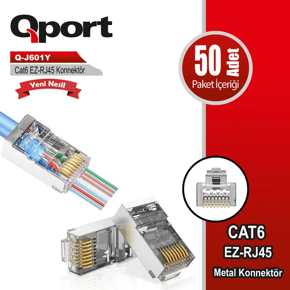 QPORT Q-J601Y CAT6 50 LİK PAKET EZ-RJ45 METAL YENİ NESİL KONNEKTÖR ürün görseli 1