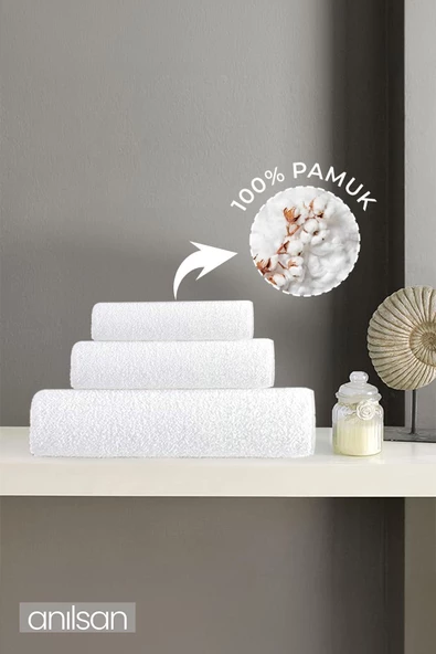 3lü Beyaz Havlu Seti -1 Adet El Havlusu 50x90 1 Adet Banyo Havlusu 70x140 1 Adet Ayak Havlusu 50x70 ürün görseli 1