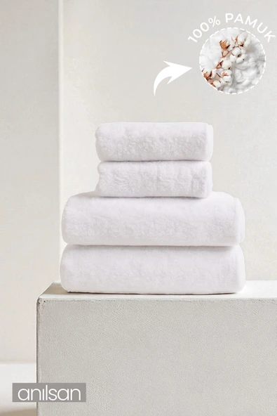 4'lü Düz Beyaz Havlu Set %100 Pamuk - 2 Adet El Havlusu 50x90 ve 2 Adet Banyo Havlusu 70x140 ürün görseli 1