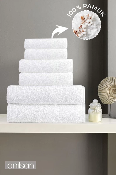 6'lı Beyaz Havlu Seti -2 Adet El Havlusu 50x90, 2 Adet Banyo Havlusu 140x70 ve 2 Ayak Havlusu 50x70 ürün görseli 1